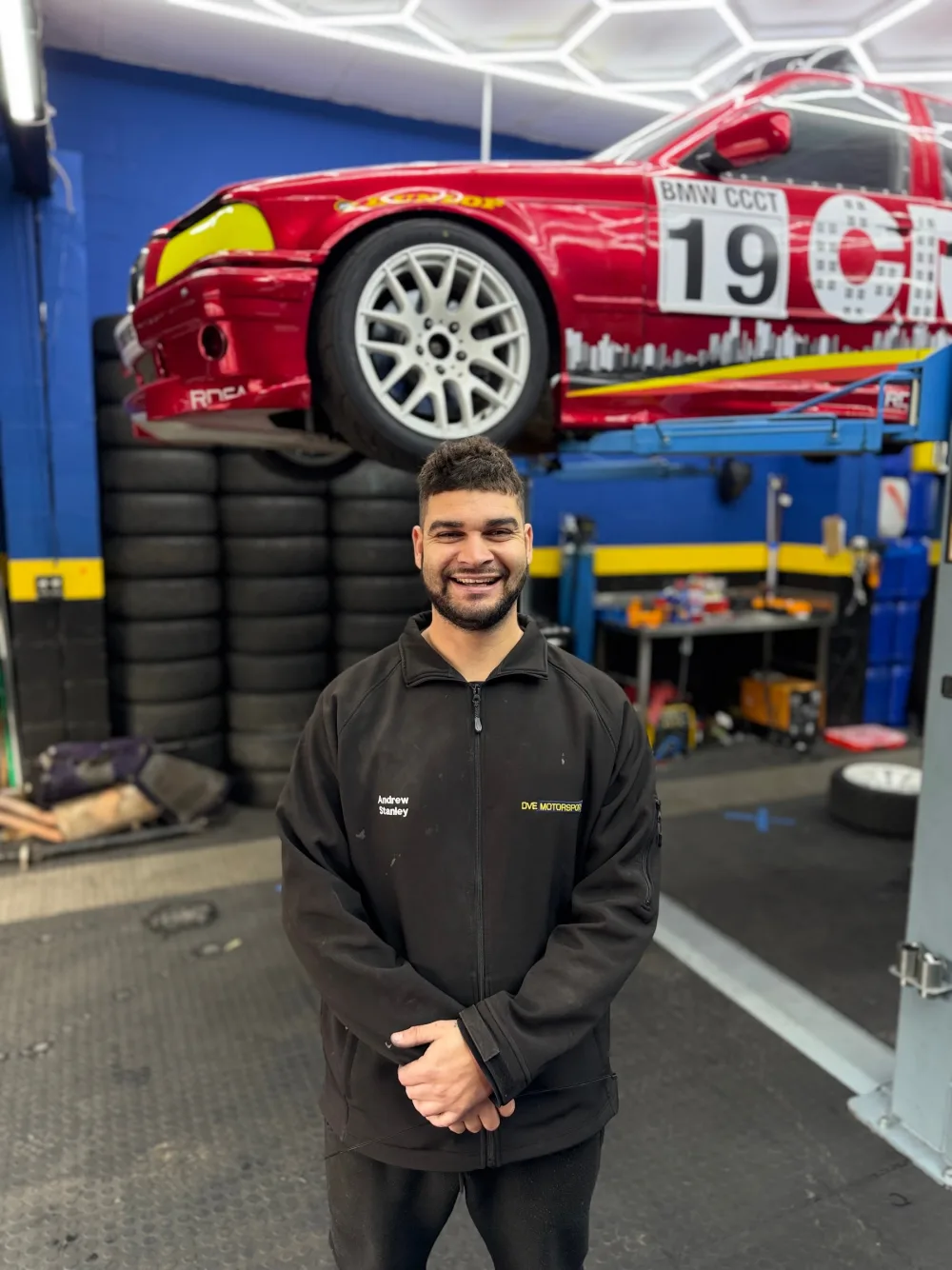 Andrew ‘Cha Chi’ Stanley in the DVE Motorsport workshop