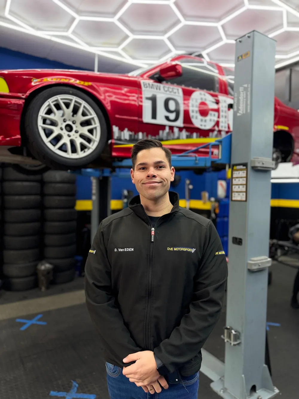 Dylan van Eden in the DVE Motorsport workshop